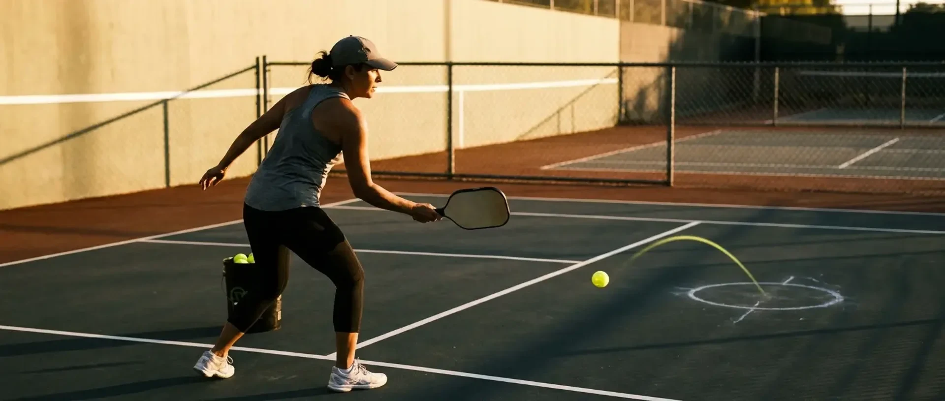 A solo pickleball player practices dinks on an empty court at sunrise with a ball machine behind them — illustrating a 4-week solo practice plan.