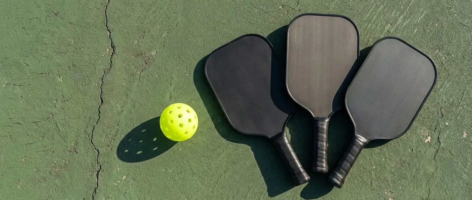 Three matte-black pickleball paddles arranged on a weathered outdoor court next to a neon-yellow ball — illustrating budget paddle options under $100.