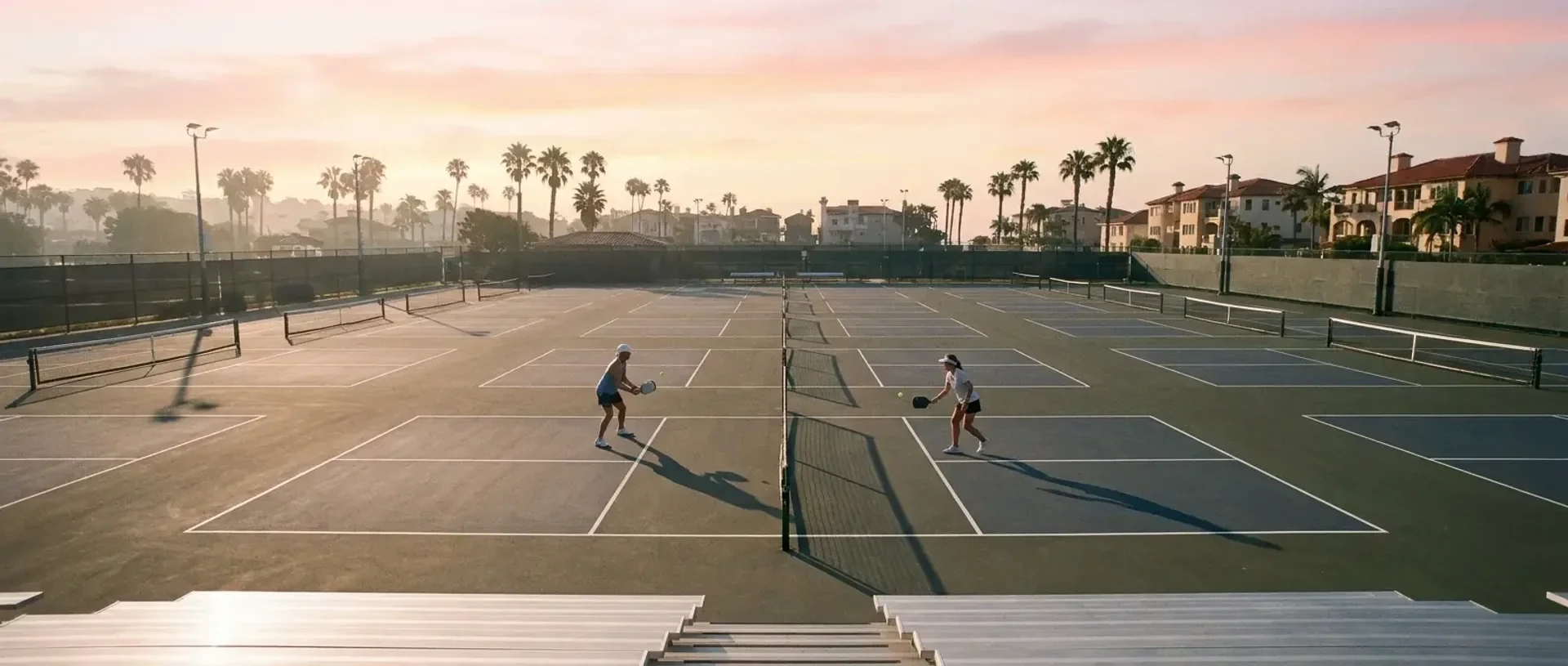 An aerial view of a multi-court pickleball complex at golden hour with a city skyline soft in the background — illustrating the best US cities for pickleball in 2026.