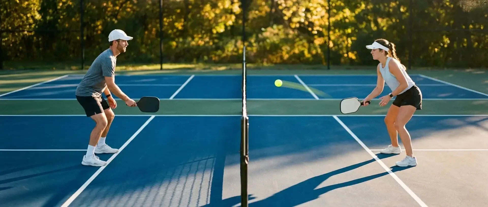 A neon-yellow pickleball hangs just above the net tape between two players at the kitchen line — illustrating dinking strategy.