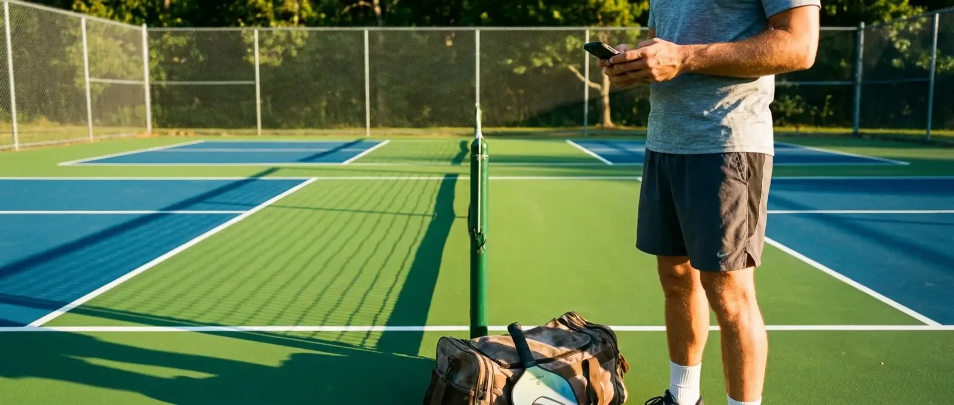 A pickleball player checks their phone at the edge of a sunlit public court while two empty courts wait in the background — illustrating how to find pickleball courts near you.