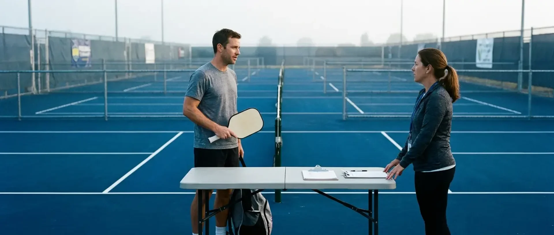 A tournament-morning courtside bench laid out with a bracket sheet, paddle, balls, water bottle, and towel — illustrating how to prepare for your first pickleball tournament.