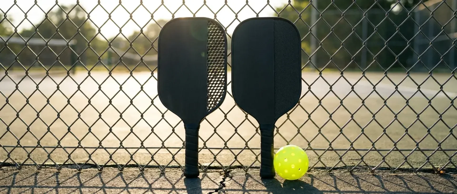 Two pickleball paddles propped against a court fence — one honeycomb, one foam-core — with a neon-yellow ball between them, illustrating the foam vs honeycomb construction debate.