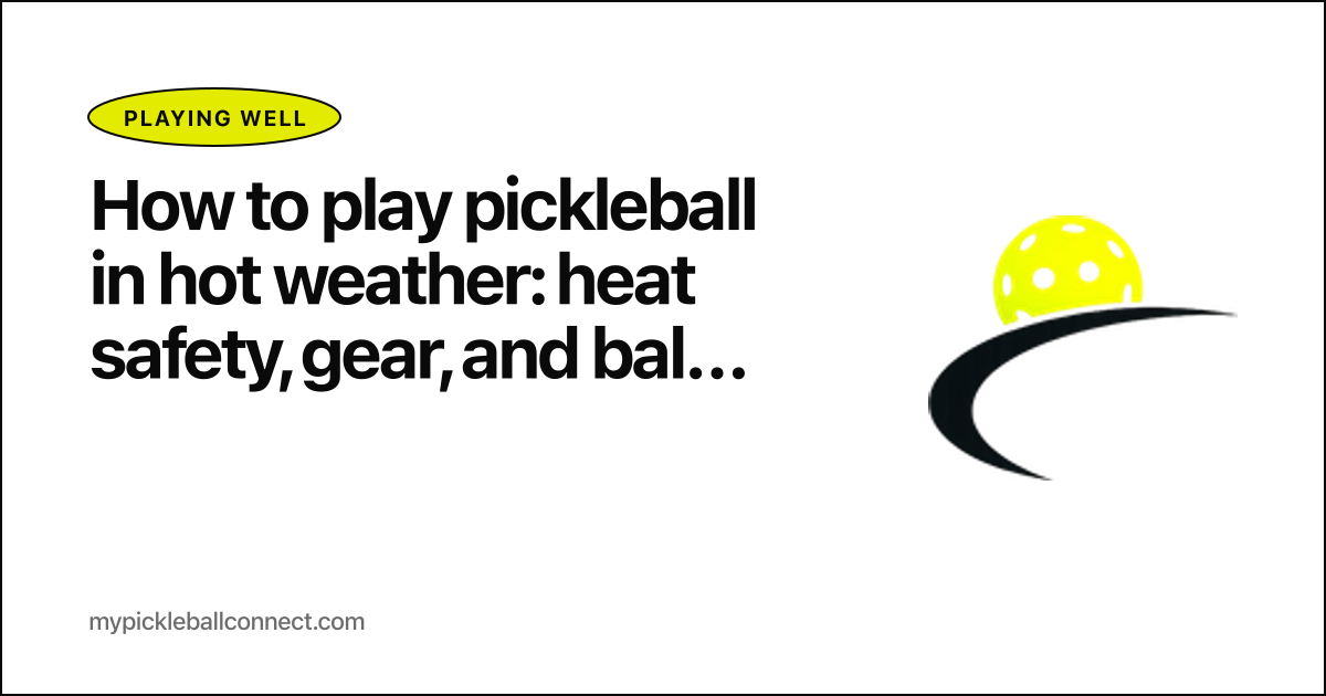 A pickleball player wipes their forehead with a towel between points on a sun-drenched outdoor court, water bottle and an extra ball at the fence.
