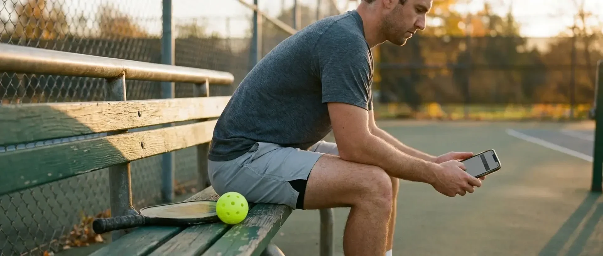 A pickleball player checks their phone at courtside after a match while their paddle rests on the bench — illustrating how to read your DUPR rating.