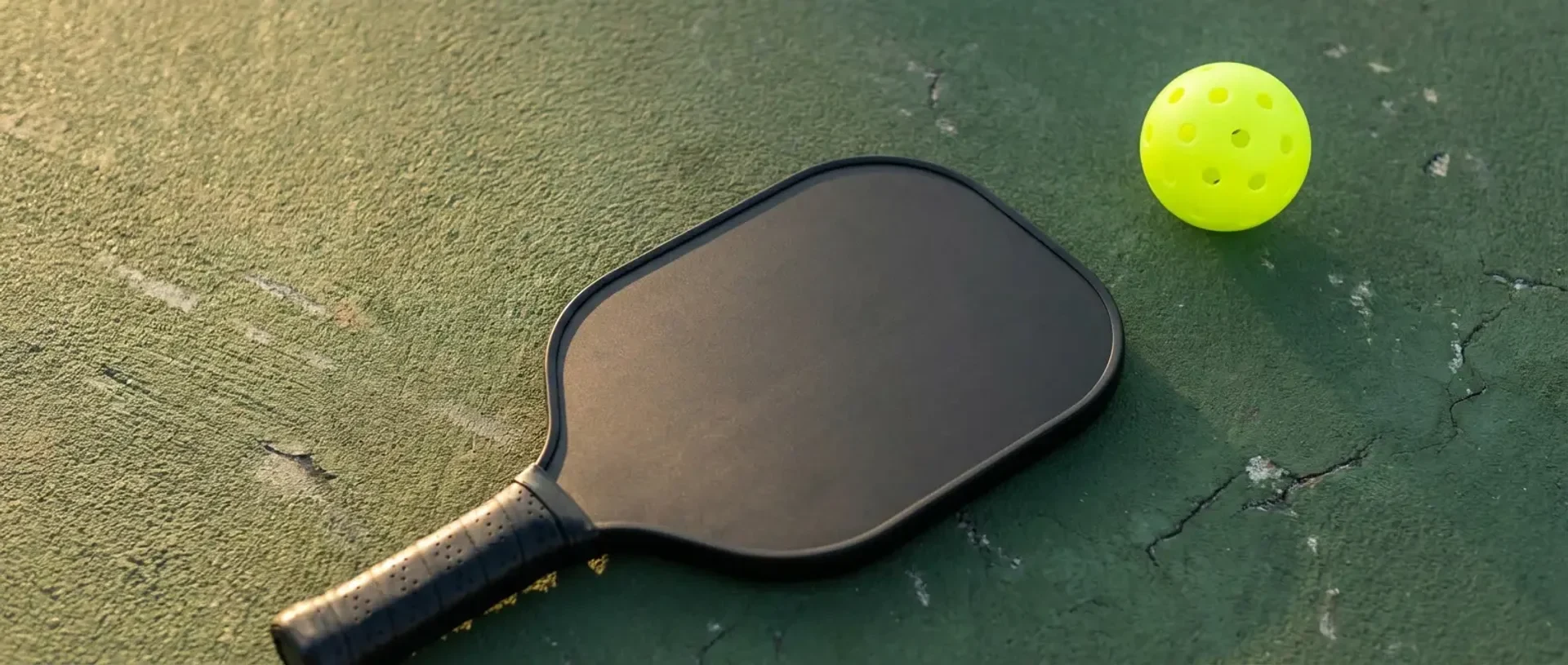 A pickleball player evaluates three different paddle shapes on a courtside bench — illustrating how much paddle choice affects your game.