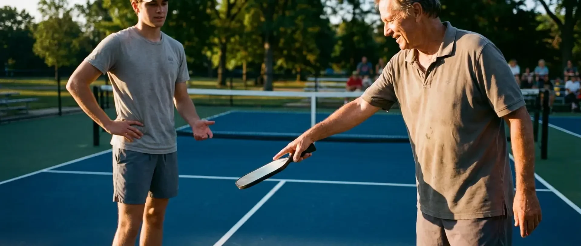 An experienced pickleball player gestures with their paddle to coach a less experienced partner between points — illustrating how to play with lower-level players without being a jerk.