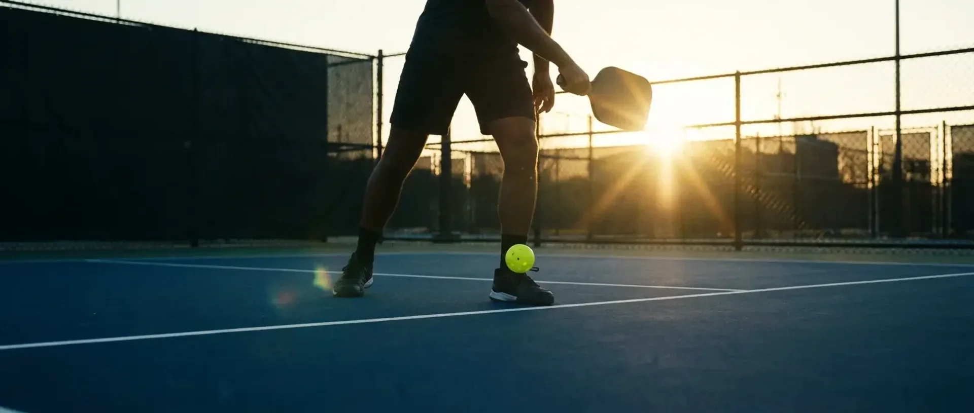 A pickleball server captured at the moment of a legal drop serve, both feet behind the baseline and paddle below the waist — illustrating how to serve in pickleball.