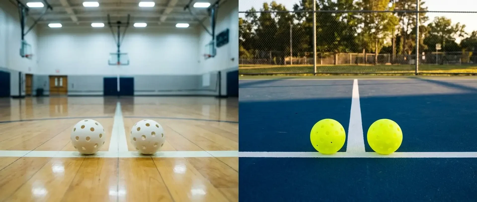 A split-frame view of pickleball played outdoors on acrylic and indoors on a gym floor, showing the differences in ball, light, and surface — illustrating indoor vs outdoor pickleball.
