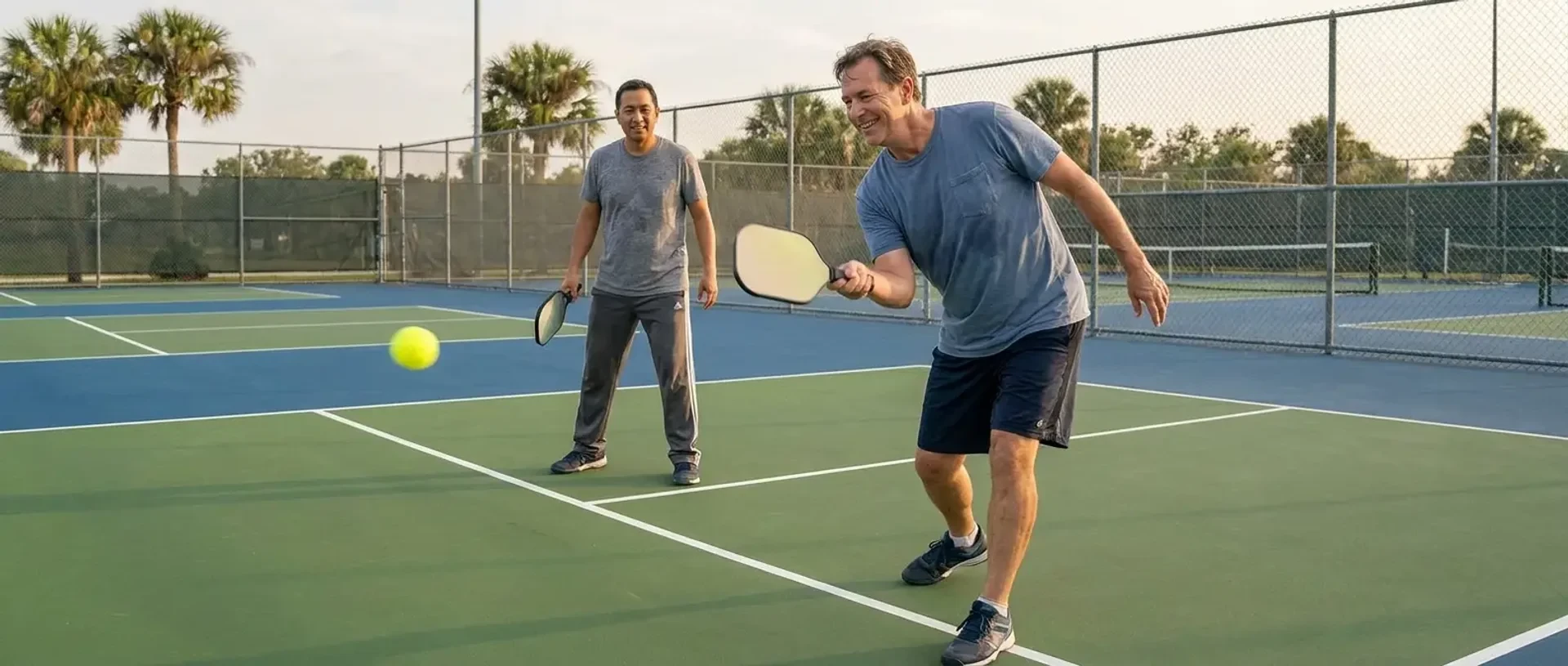 An adult beginner mid-swing during their first pickleball game on a sunlit outdoor court, with their partner watching at the kitchen line — illustrating pickleball for beginners.