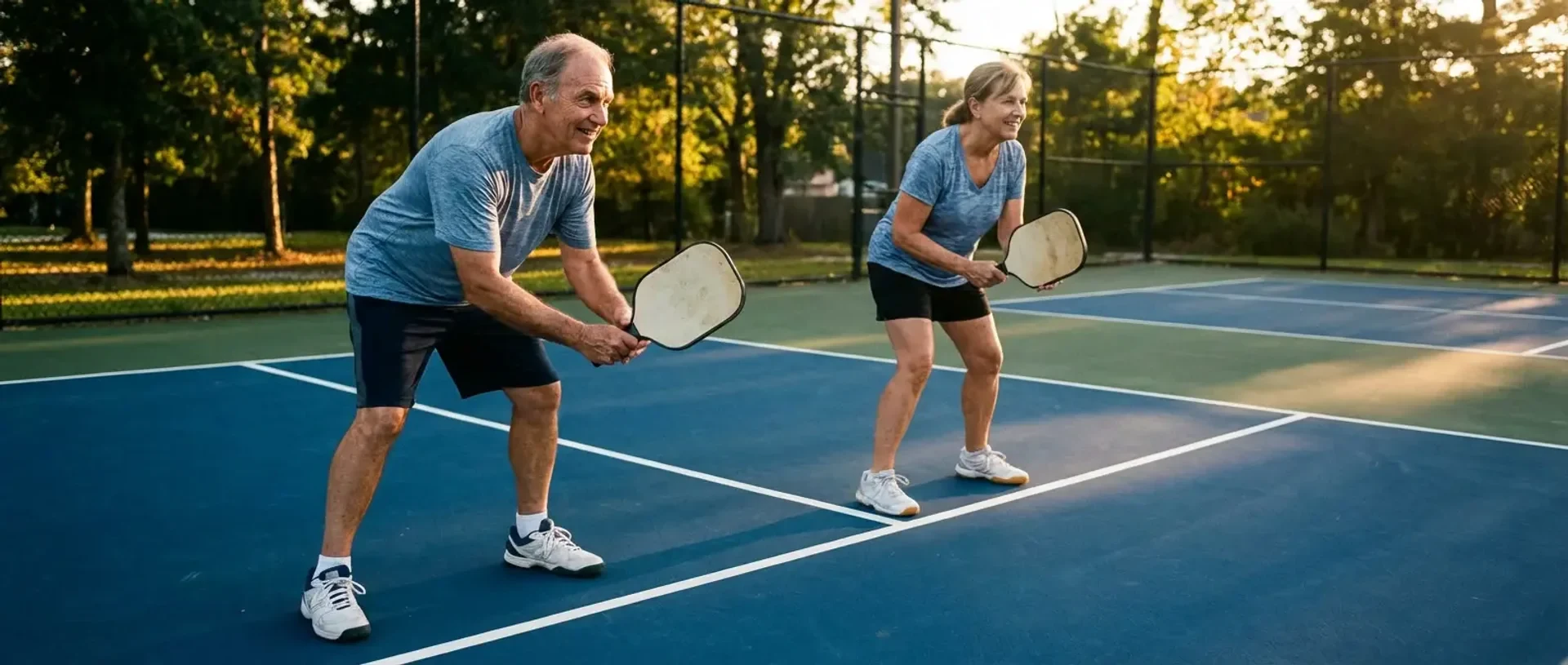 Two players in their 60s share a laugh during a doubles pickleball game on a sunlit outdoor court — illustrating pickleball for seniors.