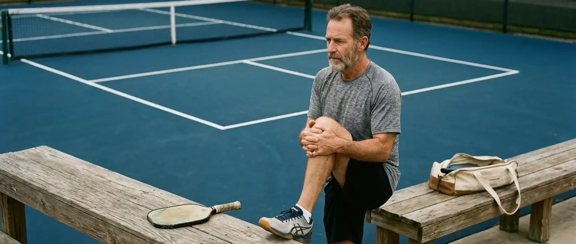 A pickleball player stretches their calf against a court fence with athletic tape on one knee and a foam roller nearby — illustrating pickleball injury prevention.