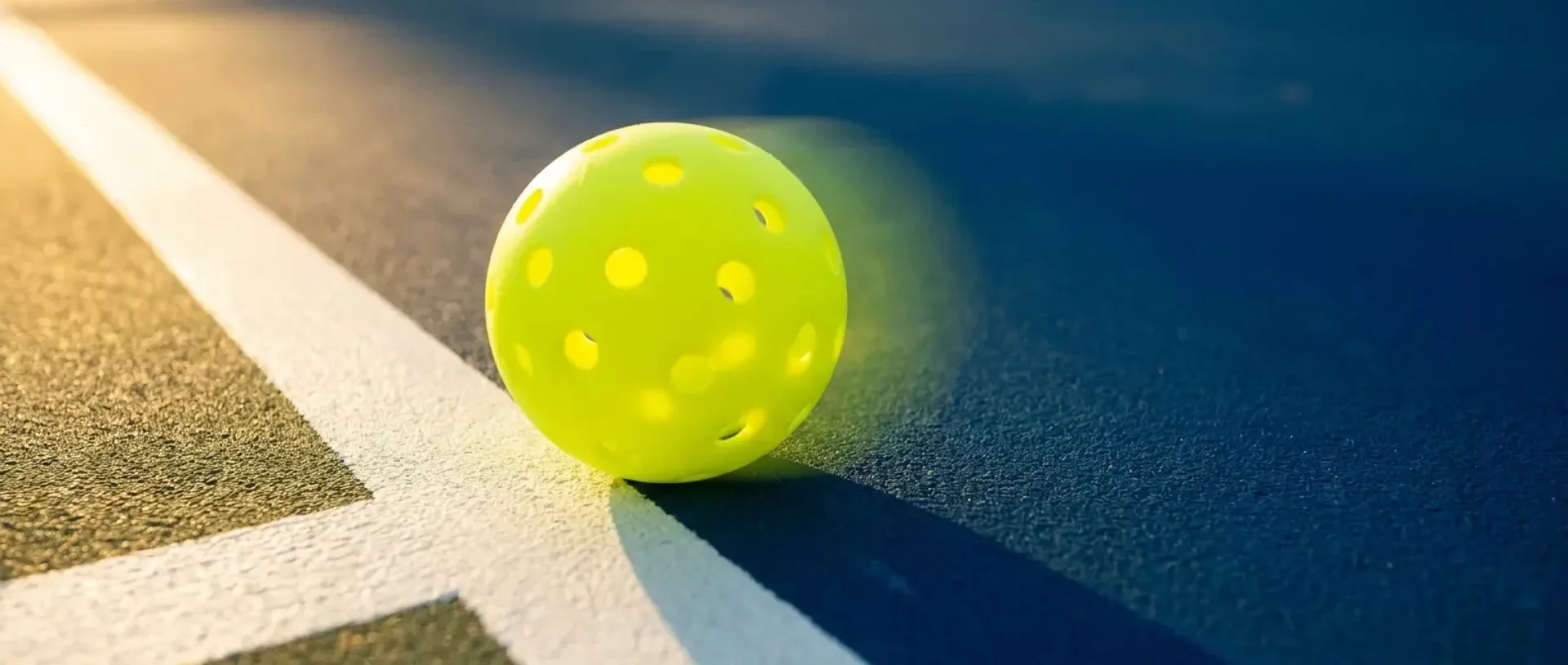 A hand gestures 'out' as a neon-yellow ball lands just past the white baseline of a pickleball court — illustrating how line calls work.