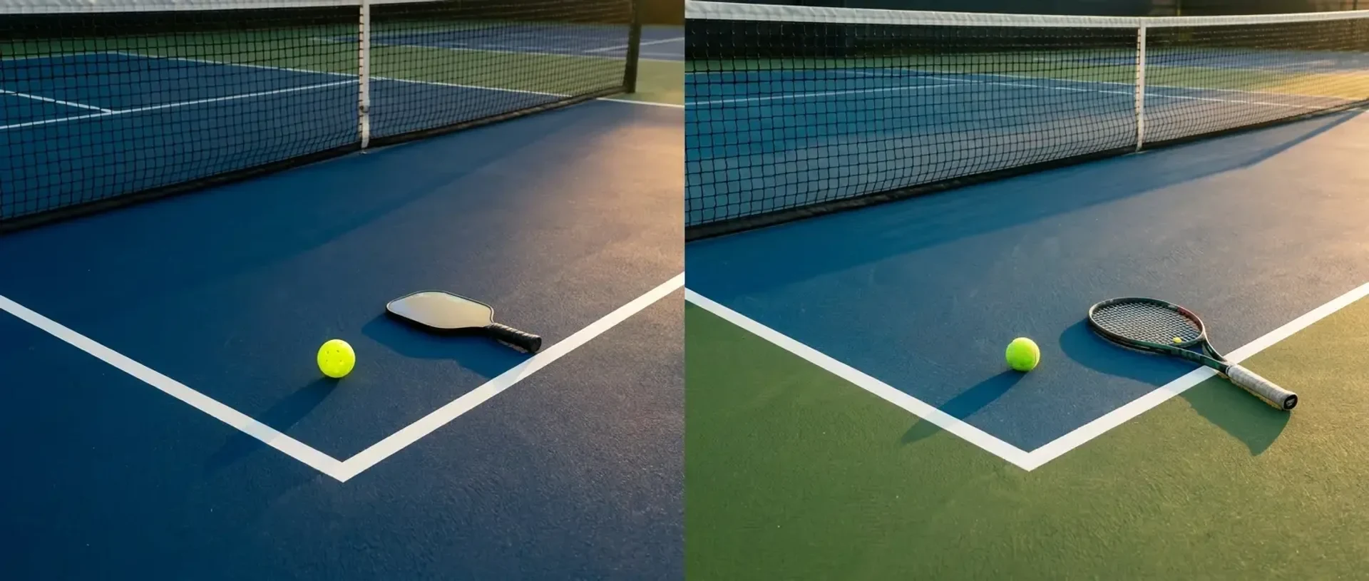 A pickleball court taped onto a larger tennis court showing both sets of lines — illustrating the differences between pickleball and tennis.