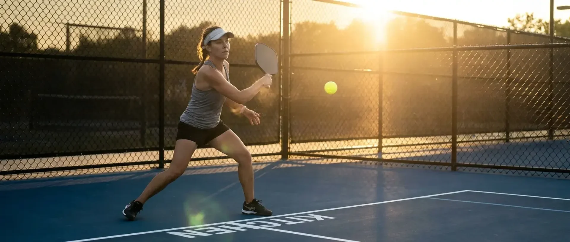 Two pickleball players face off at the kitchen line with a neon-yellow ball frozen between them just below net height — illustrating the speed-up vs reset decision.