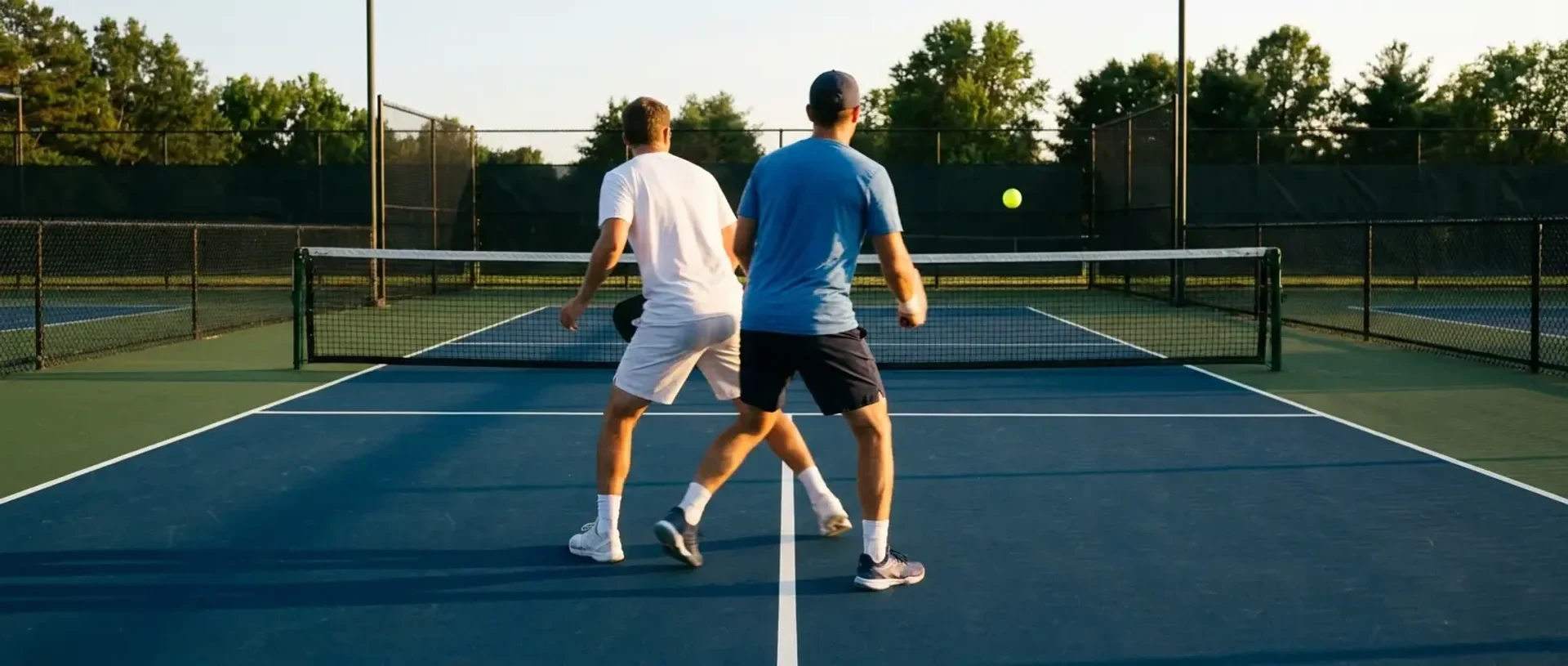 A doubles pickleball team executes a stack, with one partner crossing behind the other after the serve — illustrating what stacking is and how it works.
