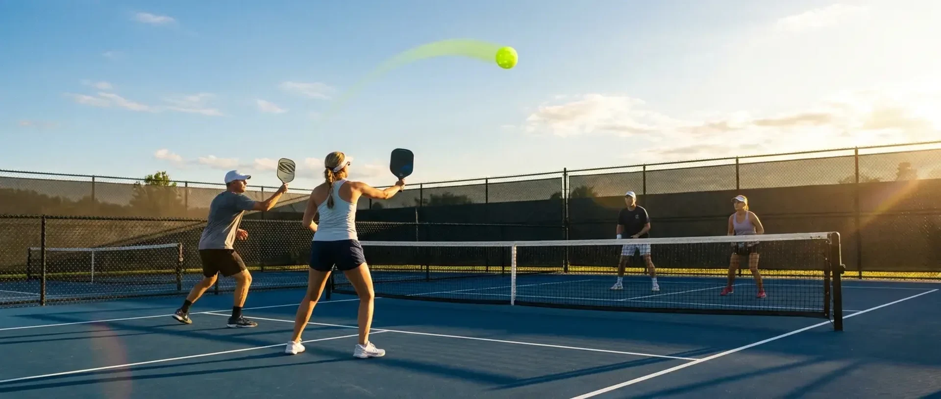 A neon-yellow pickleball at the apex of a high lob with opposing players turning to chase — illustrating when to lob in pickleball.