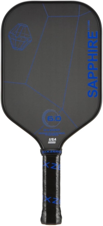 Six Zero Sapphire 13mm thermoformed pickleball paddle, blue elongated handle