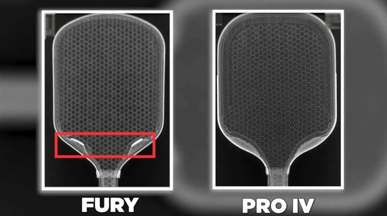 Thrive Project Fury pickleball paddle next to JOOLA Pro IV, side-by-side shape comparison from Pickleball Studio review